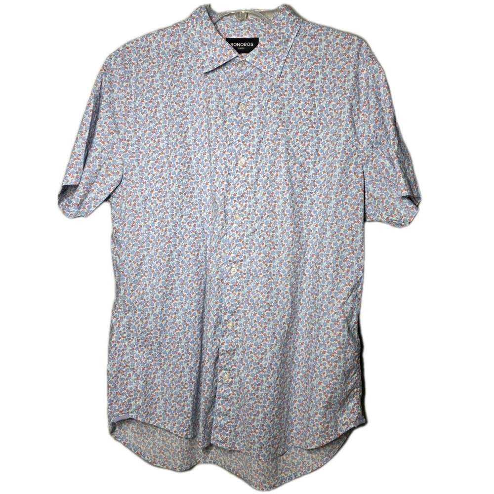 BONOBOS Mens Sz L Stretch Slim‎ Fit Short Sleeve Casual Button Down Shirt Floral
